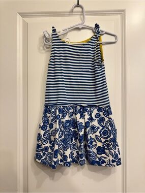 Mini Boden Blue & White Striped Floral Tank Dress with Yellow Accents